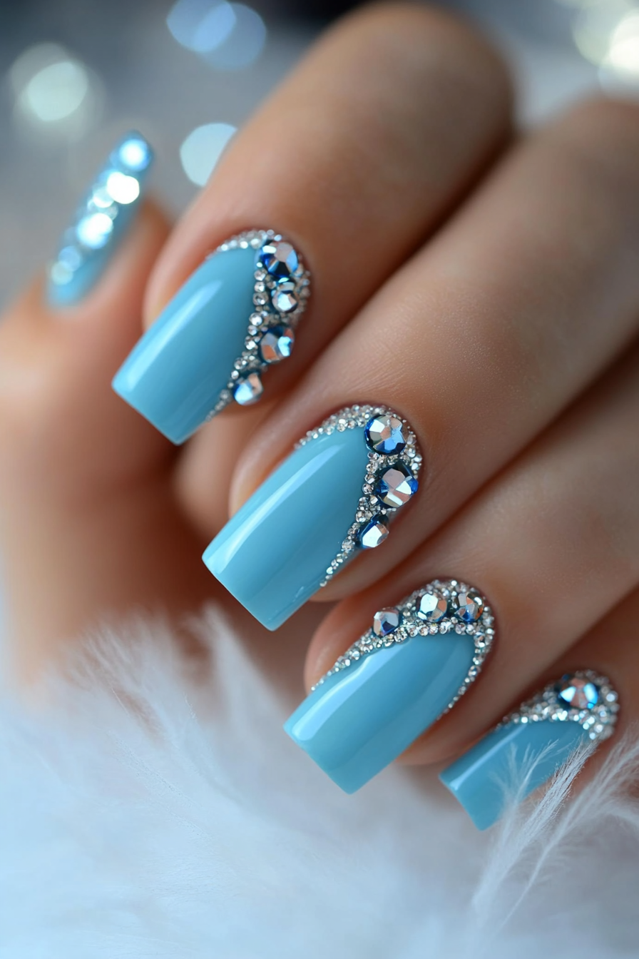 13. Light Blue with Crystal Detailing (Light Blue Nail Design Ideas) - Light Blue Nail Design Ideas