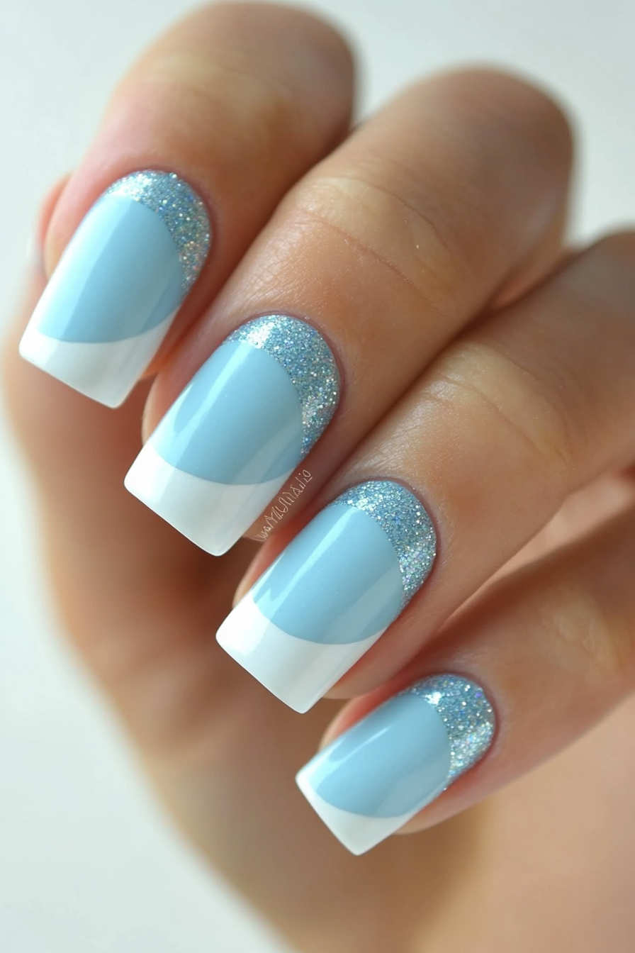 17. Light Blue with Glitter Half-Moons (Light Blue Nail Design Ideas) - Light Blue Nail Design Ideas