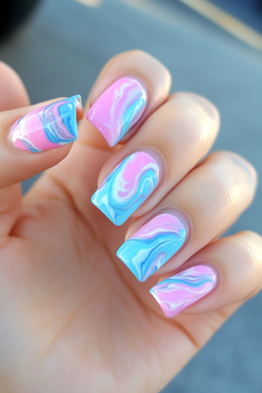 21. Blue and Pink Marble Design (Light Blue Nail Design Ideas) - Light Blue Nail Design Ideas