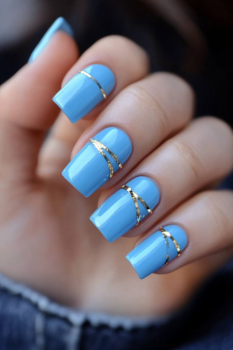 22. Blue with Metallic Accents (Light Blue Nail Design Ideas) - Light Blue Nail Design Ideas