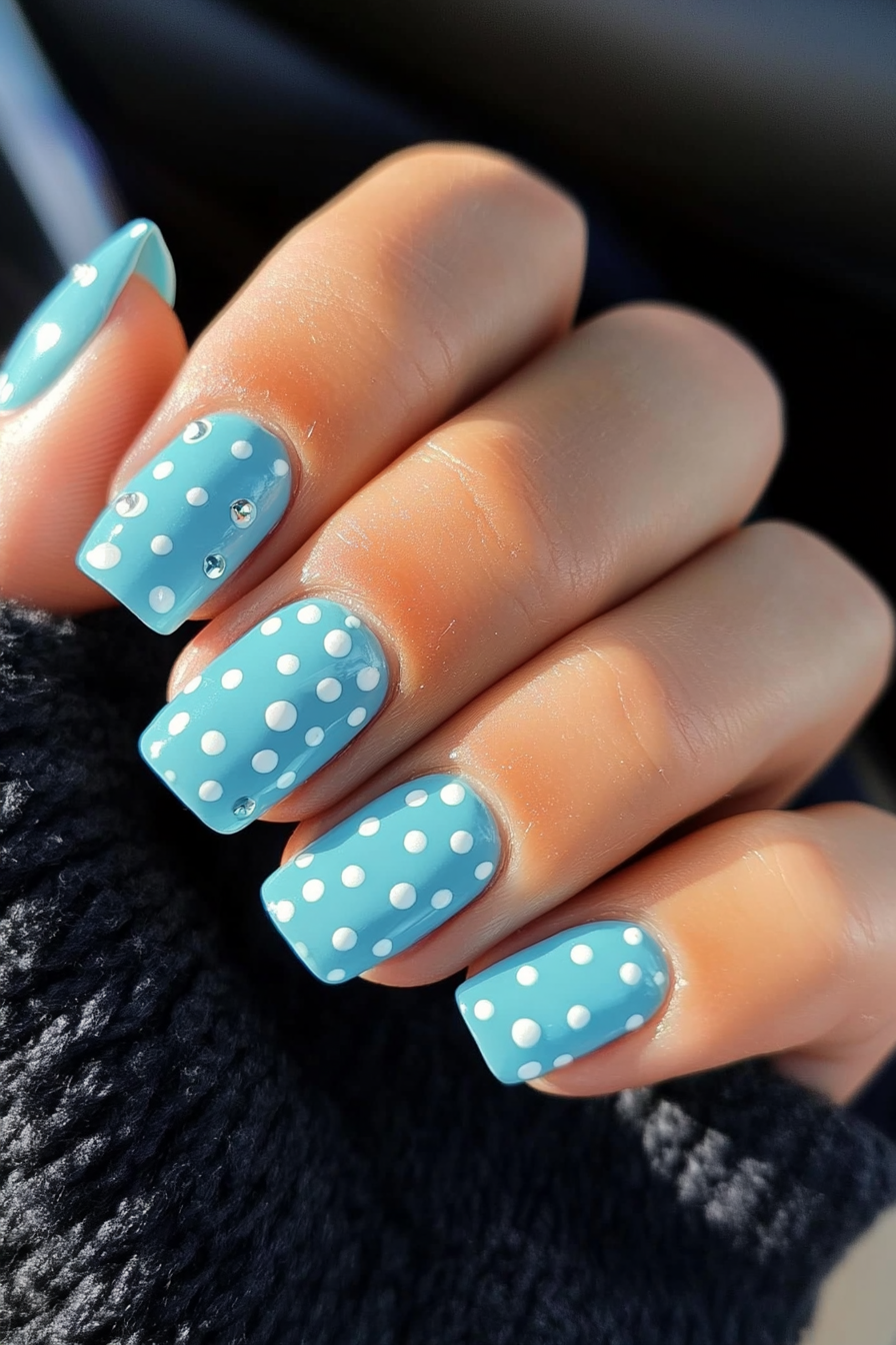 23. Polka Dots on Blue (Light Blue Nail Design Ideas) - Light Blue Nail Design Ideas