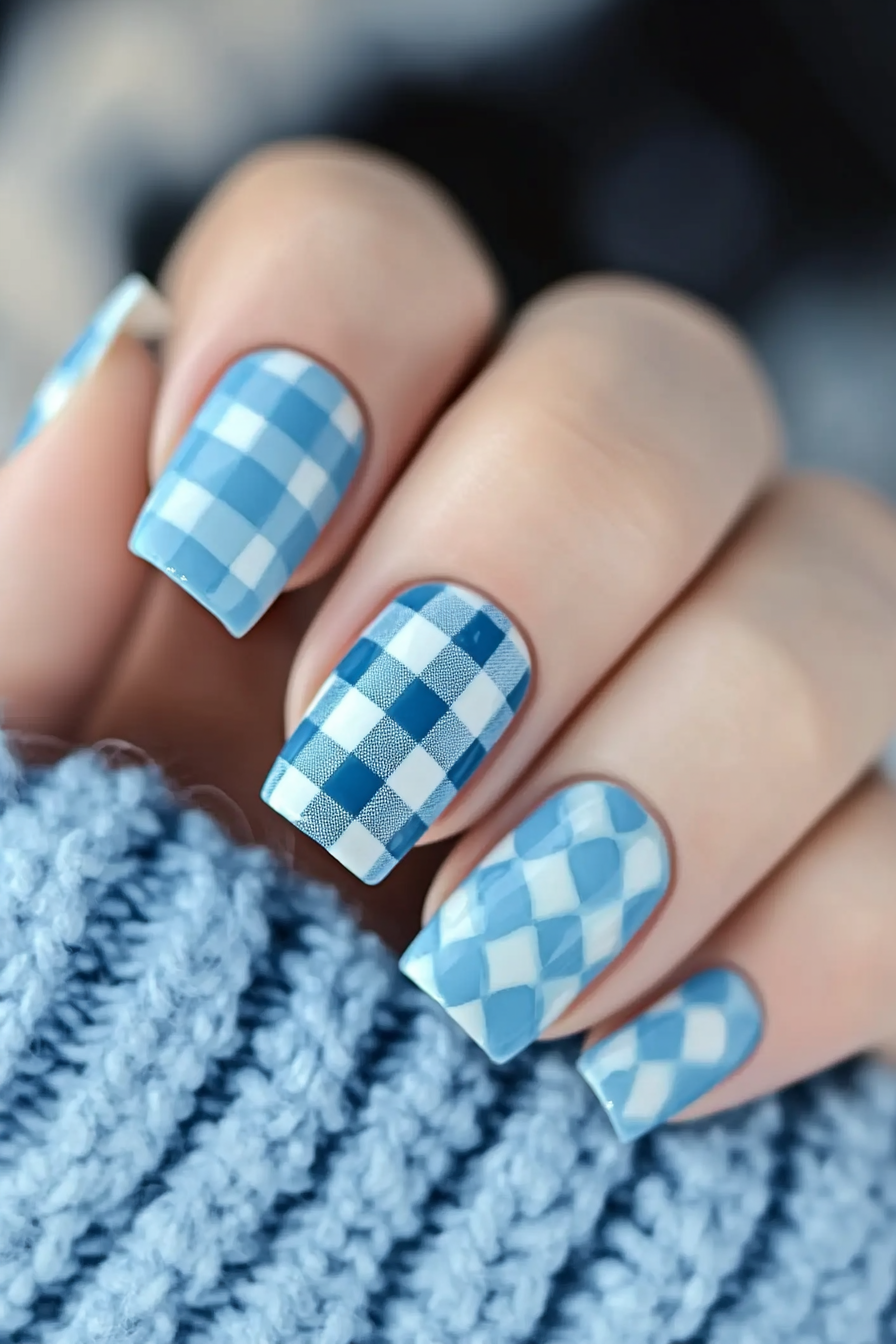 26. Blue and White Checkerboard (Light Blue Nail Design Ideas) - Light Blue Nail Design Ideas