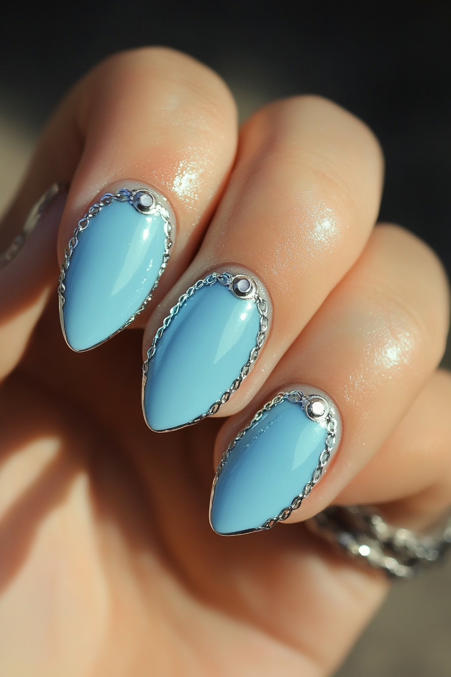 27. Light Blue with Silver Chains (Light Blue Nail Design Ideas) - Light Blue Nail Design Ideas