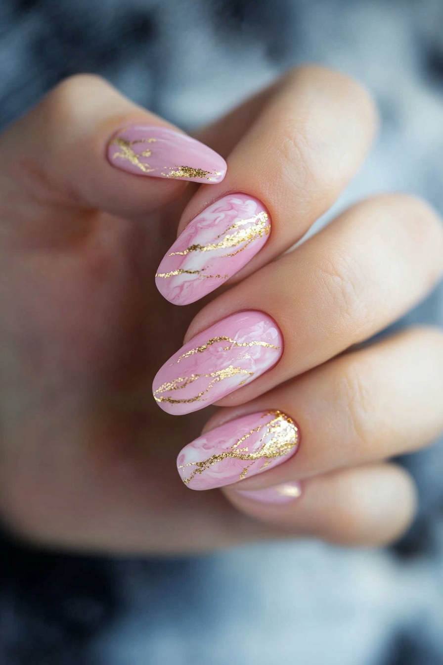 11. Pink Marble and Gold Accent (Light Pink Nail Design Ideas) - Light Pink Nail Design Ideas