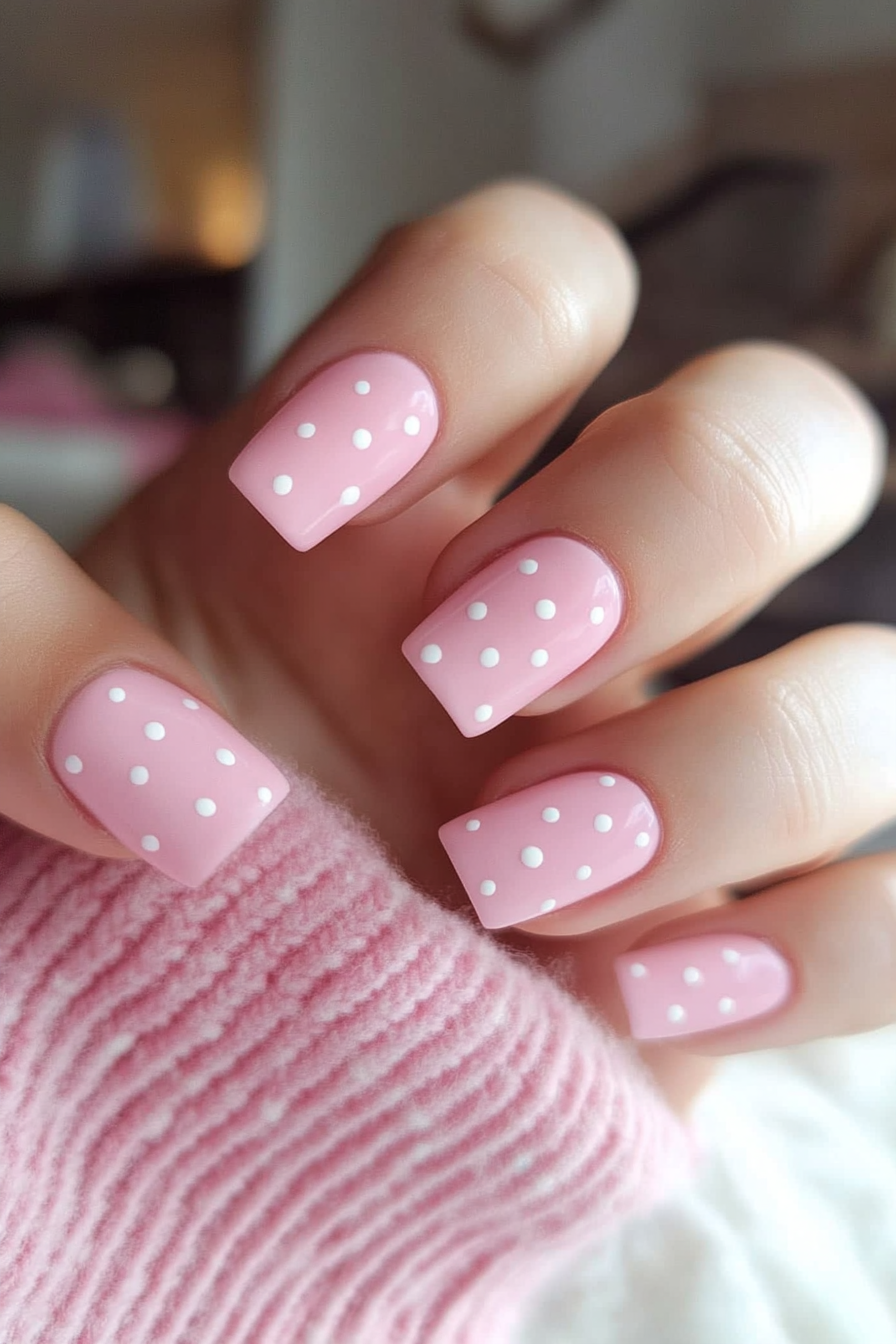 13. Soft Pink with White Dots (Light Pink Nail Design Ideas) - Light Pink Nail Design Ideas
