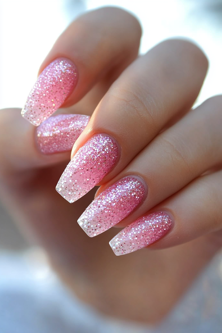 17. Pink Glitter Fade (Light Pink Nail Design Ideas) - Light Pink Nail Design Ideas
