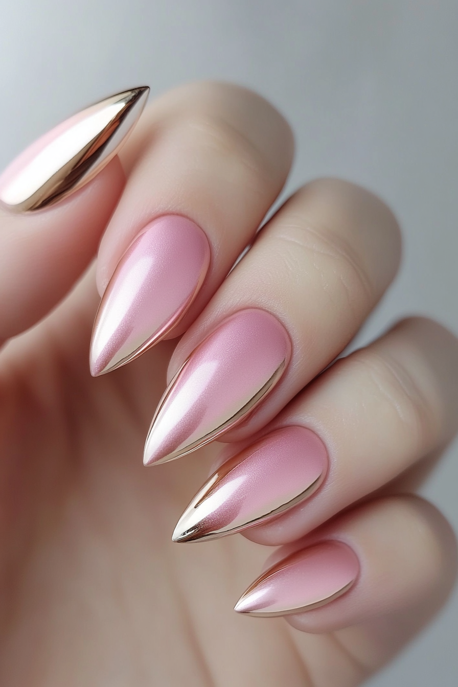 18. Classic Pink with Metallic Tips (Light Pink Nail Design Ideas) - Light Pink Nail Design Ideas