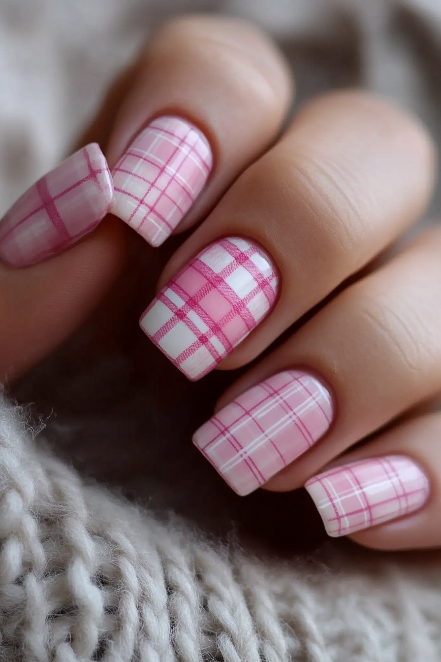 19. Pink Plaid Nails (Light Pink Nail Design Ideas) - Light Pink Nail Design Ideas