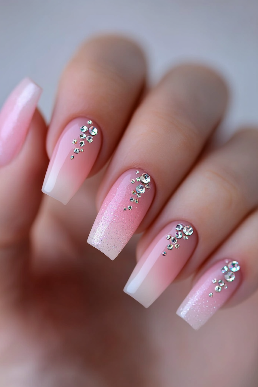 22. Pink Gradient with Rhinestones (Light Pink Nail Design Ideas) - Light Pink Nail Design Ideas