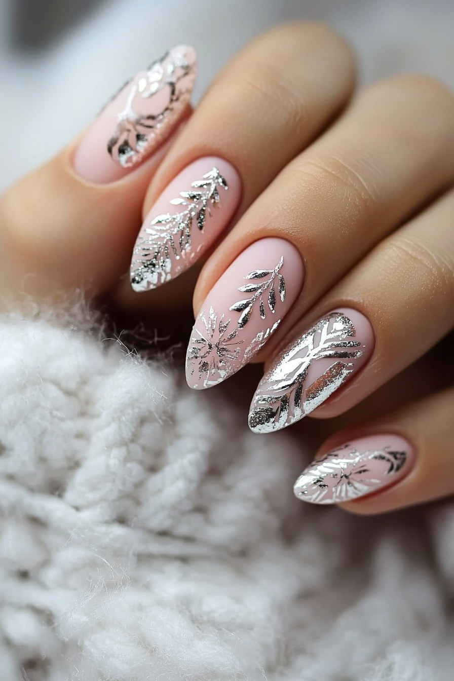 24. Light Pink with Silver Leaf (Light Pink Nail Design Ideas) - Light Pink Nail Design Ideas