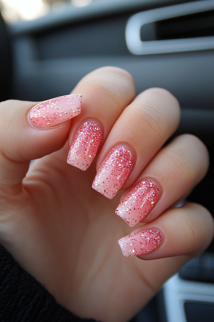9. Pink Tips with Glitter (Light Pink Nail Design Ideas) - Light Pink Nail Design Ideas