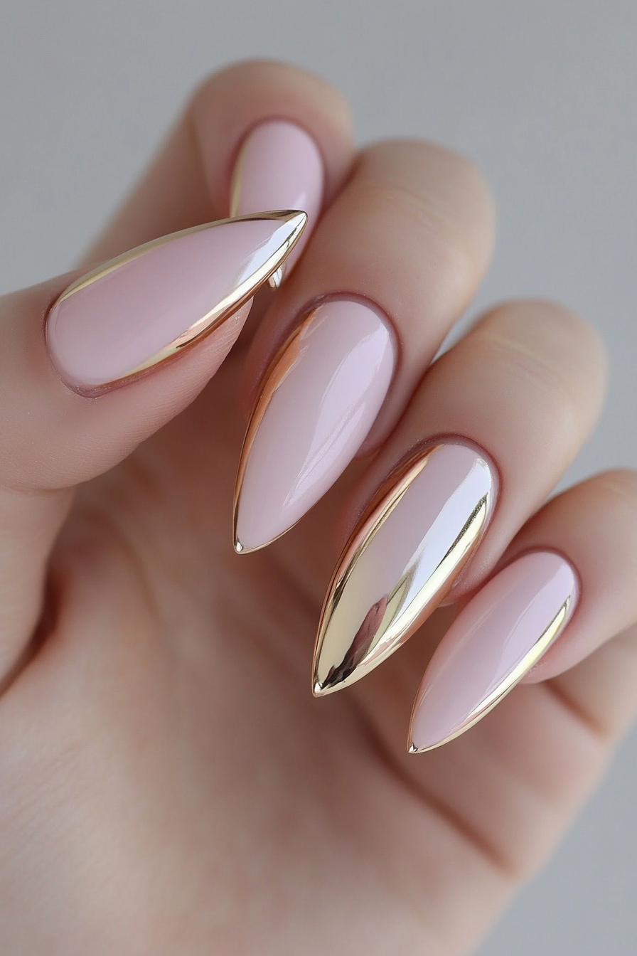 3. Pastel Pink with Gold Tips (Long Nail Design Ideas) - Long Nail Design Ideas