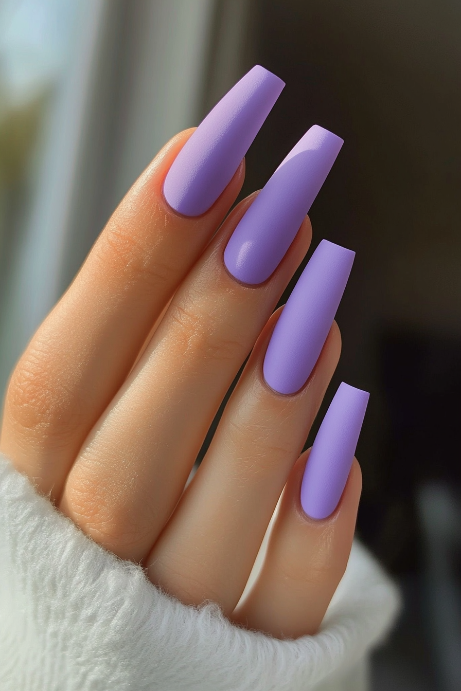 4. Matte Lavender Long Coffin Nails (Long Nail Design Ideas) - Long Nail Design Ideas