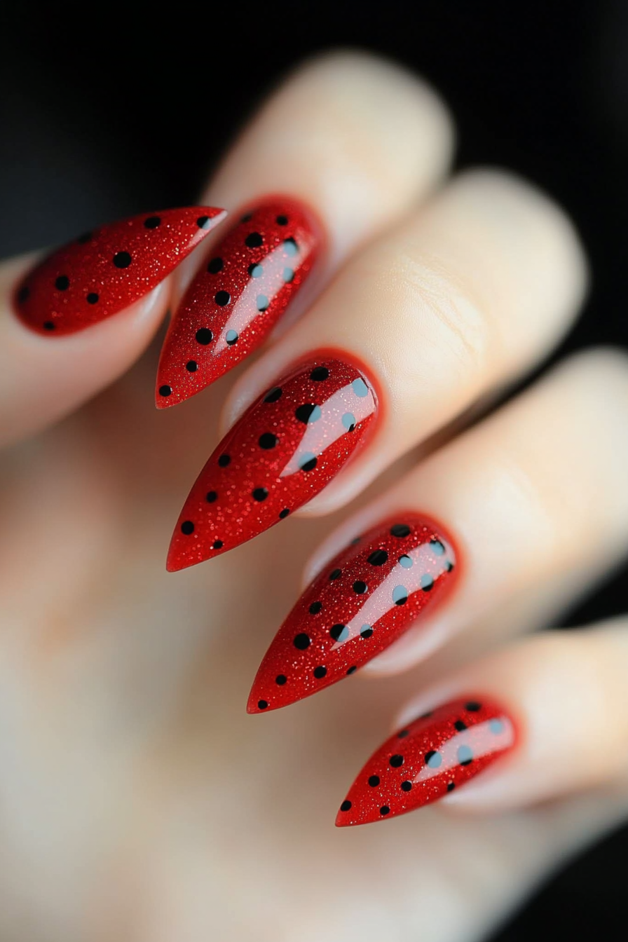 5. Bright Red with Black Dots (Long Nail Design Ideas) - Long Nail Design Ideas