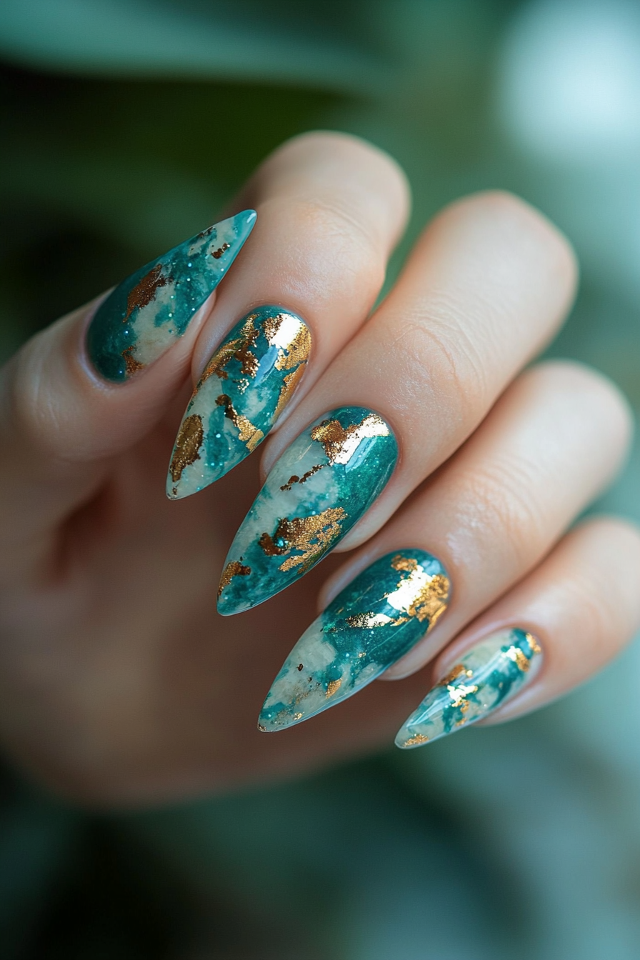 7. Teal and Gold Leaf (Long Nail Design Ideas) - Long Nail Design Ideas