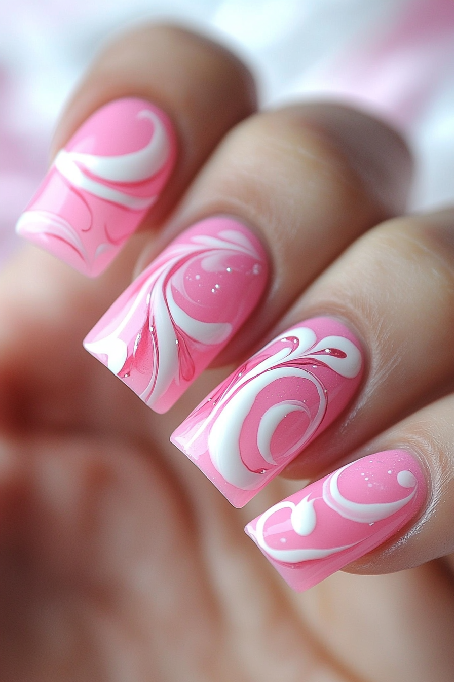 10. Bubblegum Pink and White Swirls (Long Nail Design Ideas) - Long Nail Design Ideas