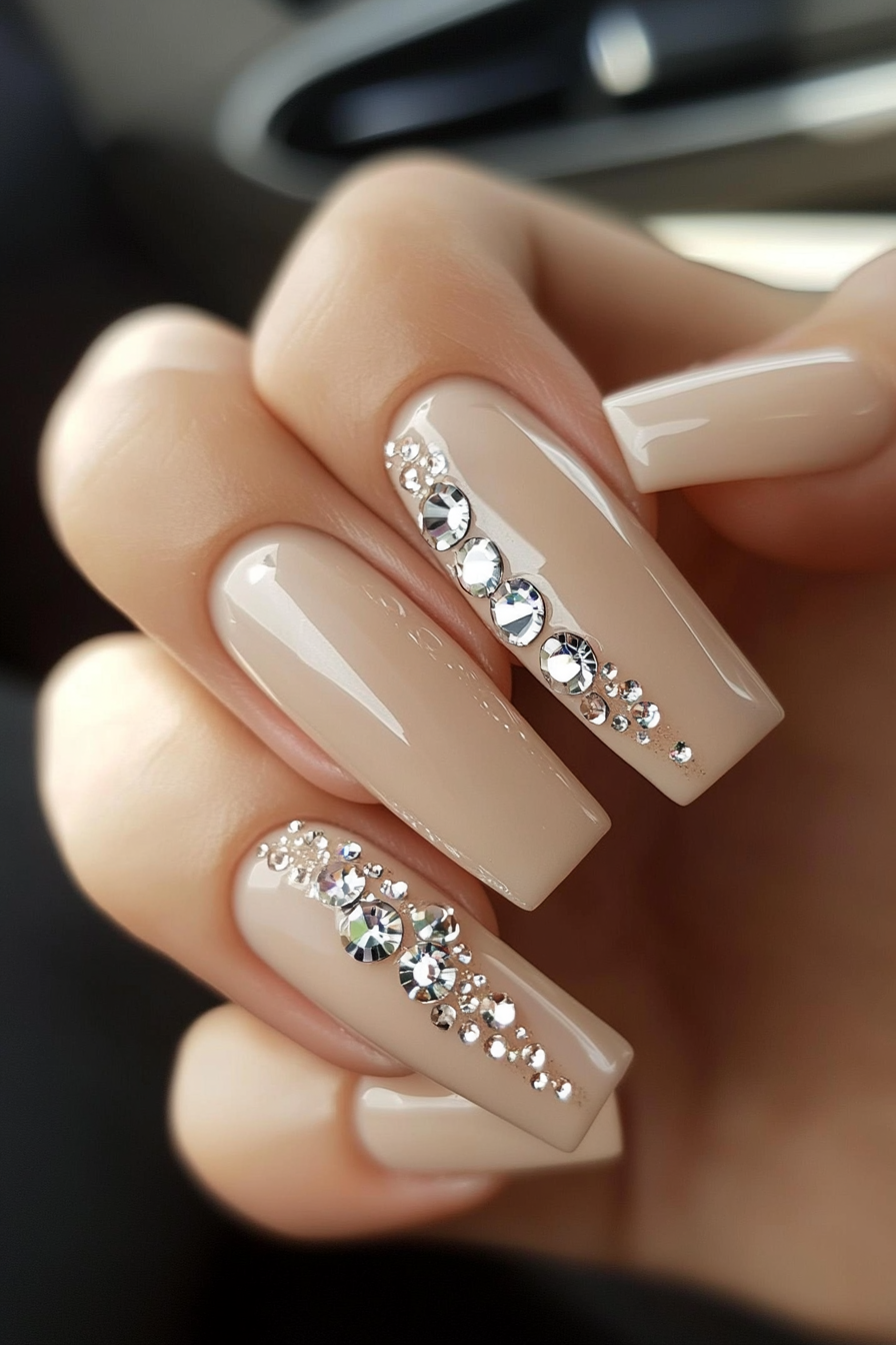 11. Soft Beige with Clear Rhinestones (Long Nail Design Ideas) - Long Nail Design Ideas