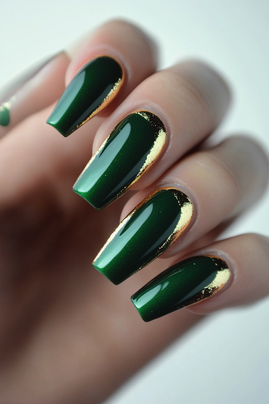 12. Emerald Green and Gold Streaks (Long Nail Design Ideas) - Long Nail Design Ideas
