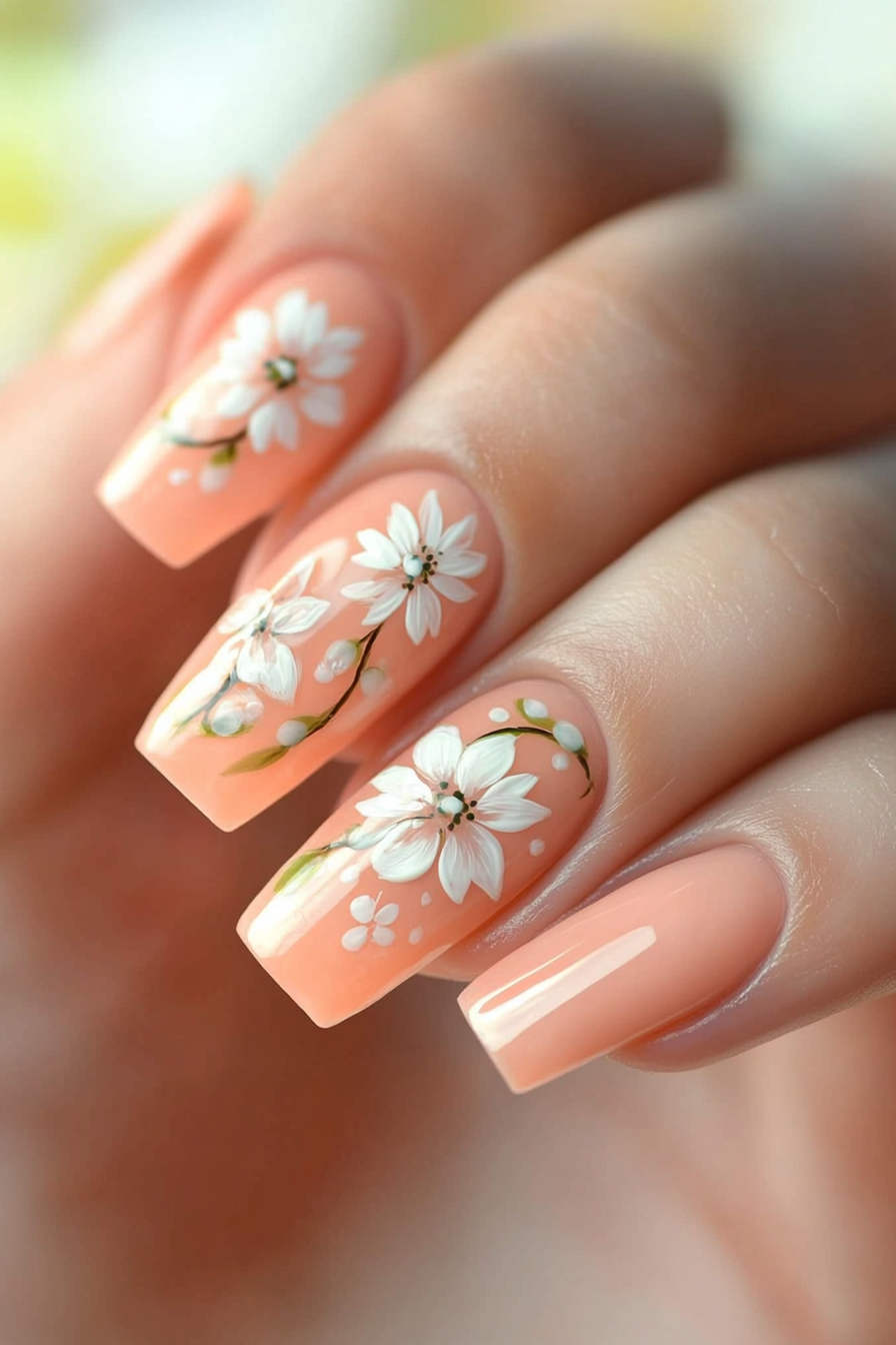 13. Soft Peach with White Daisies (Long Nail Design Ideas) - Long Nail Design Ideas