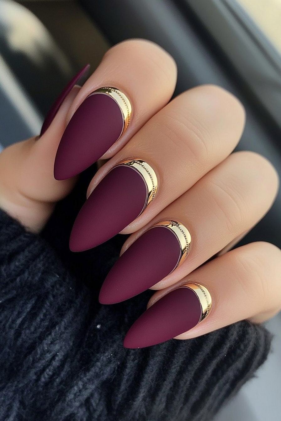 14. Dark Plum and Matte Gold Tips (Long Nail Design Ideas) - Long Nail Design Ideas