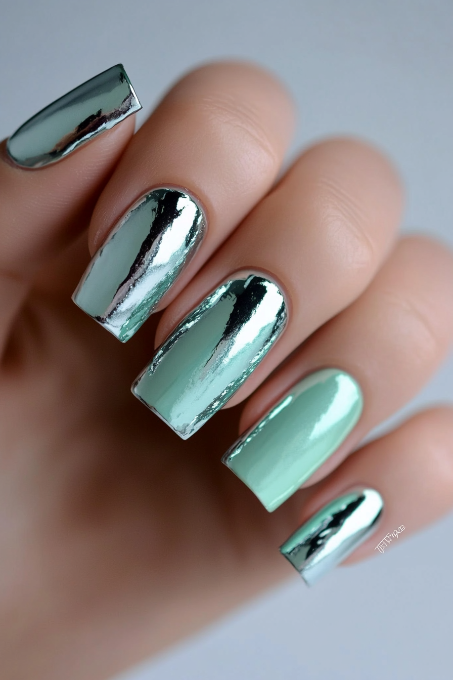 15. Mint Green with Silver Foil (Long Nail Design Ideas) - Long Nail Design Ideas