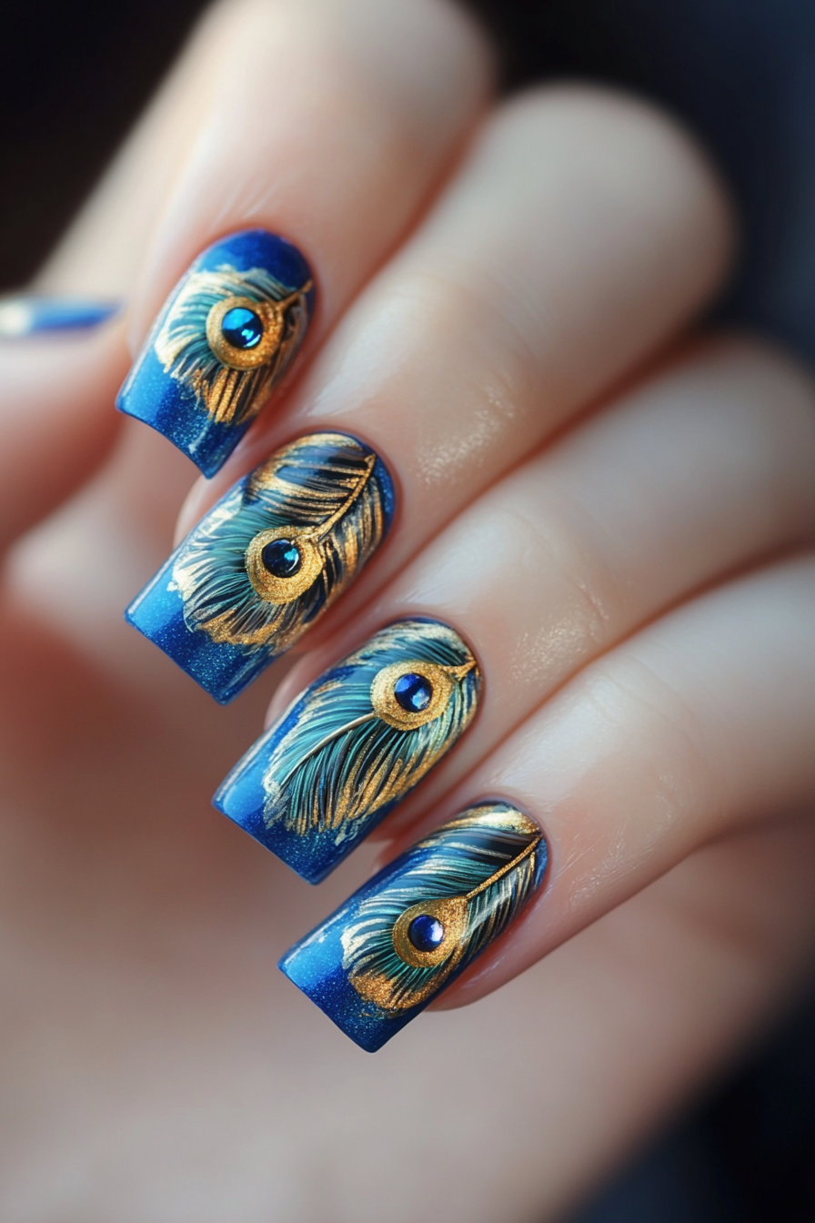 17. Peacock Blue with Feather Detailing (Long Nail Design Ideas) - Long Nail Design Ideas