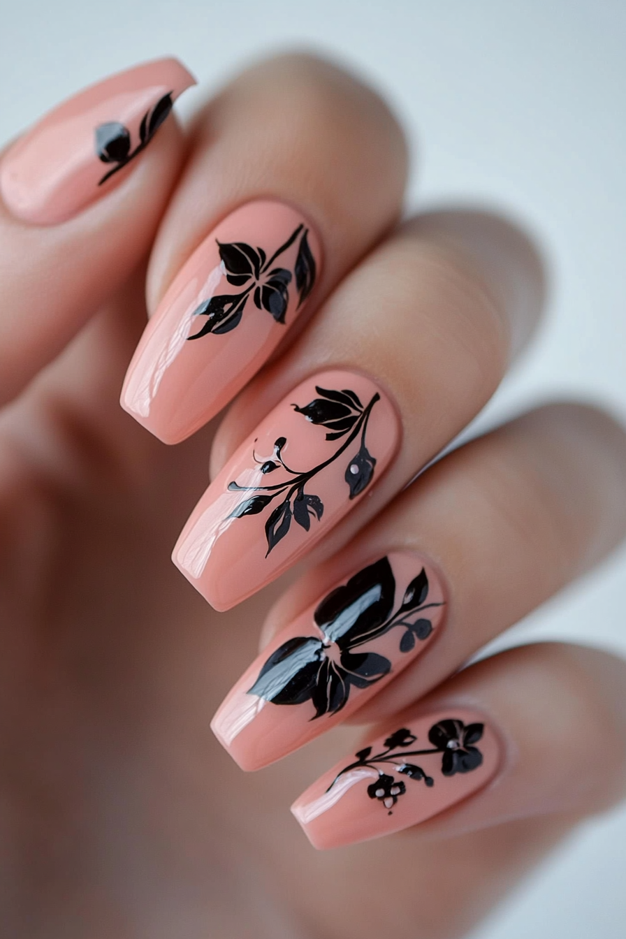 19. Coral Pink with Black Floral Designs (Long Nail Design Ideas) - Long Nail Design Ideas