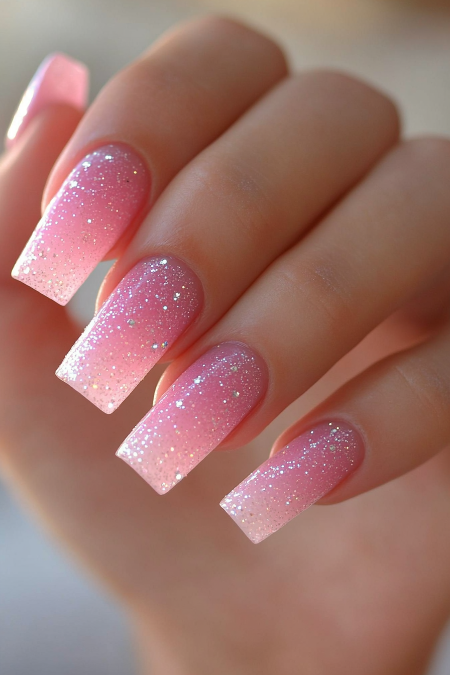20. Frosted Pink with Silver Sparkles (Long Nail Design Ideas) - Long Nail Design Ideas