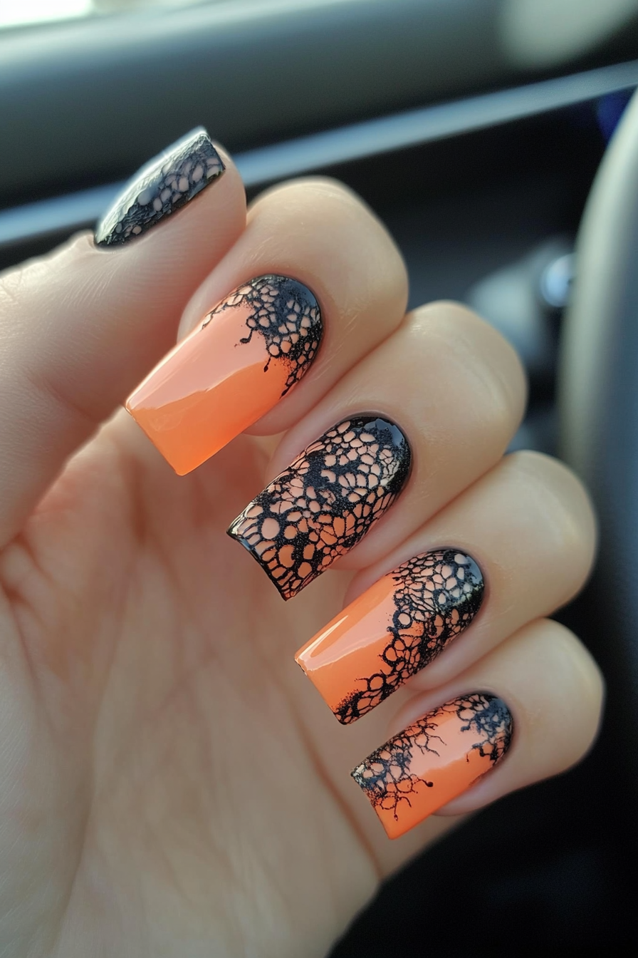 21. Sunset Orange with Black Lace (Long Nail Design Ideas) - Long Nail Design Ideas
