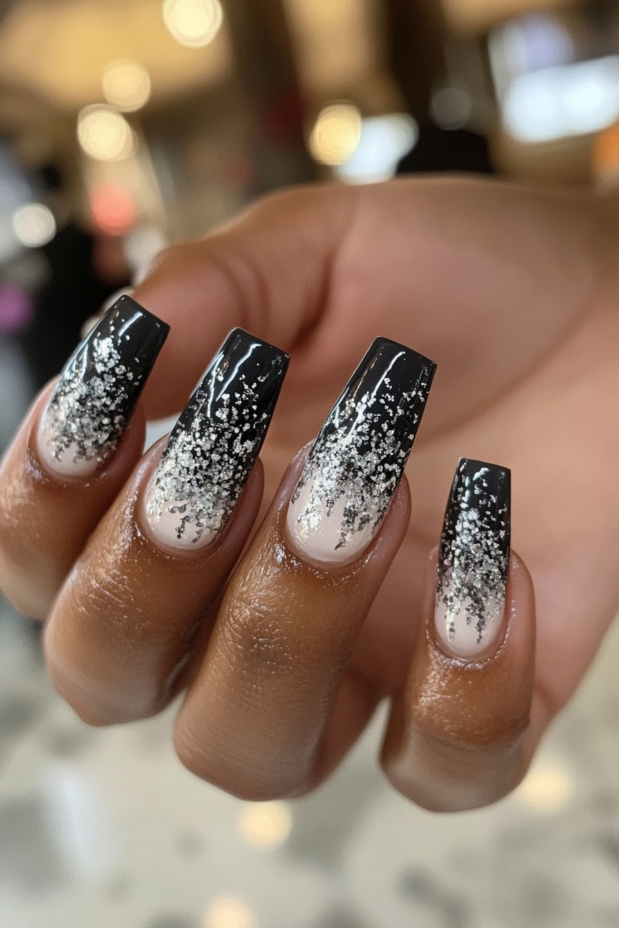 23. Grey Ombre with Silver Leaf (Long Nail Design Ideas) - Long Nail Design Ideas