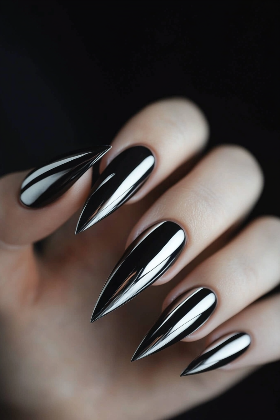 24. Black with Chrome Stripes (Long Nail Design Ideas) - Long Nail Design Ideas