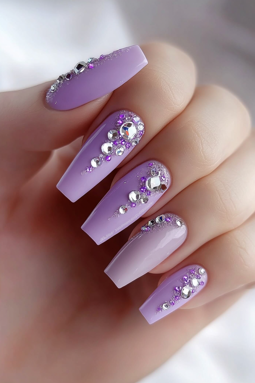 25. Lavender with Crystal Studs (Long Nail Design Ideas) - Long Nail Design Ideas