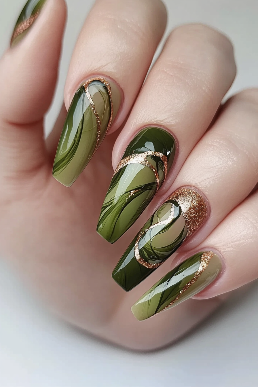 26. Olive Green and Copper Swirls (Long Nail Design Ideas) - Long Nail Design Ideas