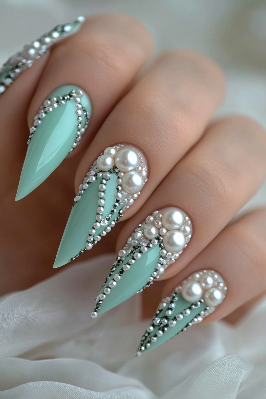 27. Frosty Mint with Pearl Tips (Long Nail Design Ideas) - Long Nail Design Ideas