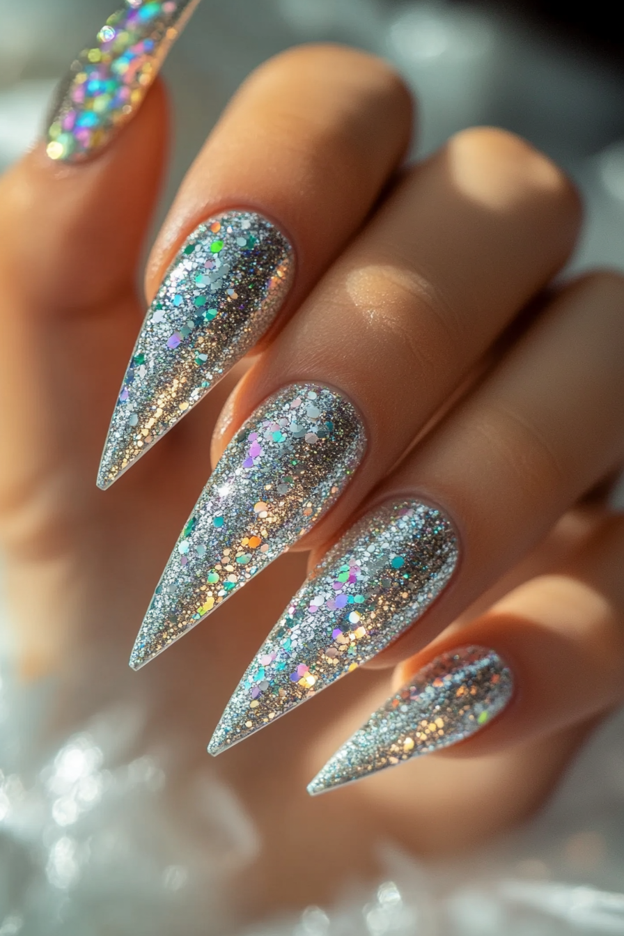 3. Icy Stiletto Sparkle (Silver Nail Design Ideas) - Silver Nail Design Ideas