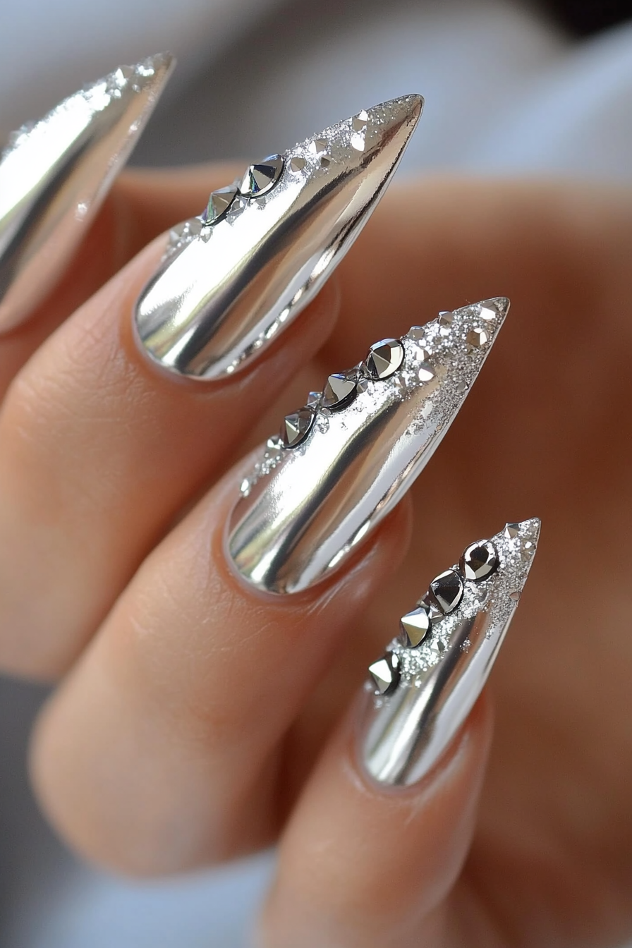 11. Crystal-Encrusted Elegance (Silver Nail Design Ideas) - Silver Nail Design Ideas