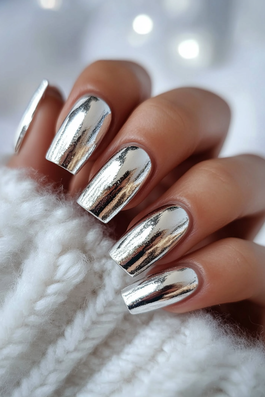 13. Sleek Silver Coffin Nails (Silver Nail Design Ideas) - Silver Nail Design Ideas