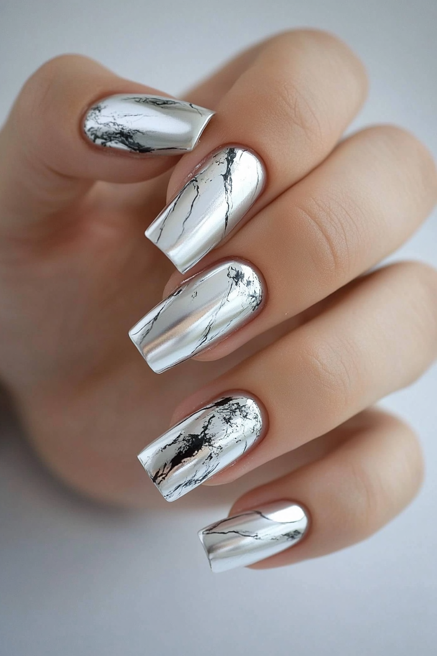 15. Sterling Silver Marble (Silver Nail Design Ideas) - Silver Nail Design Ideas