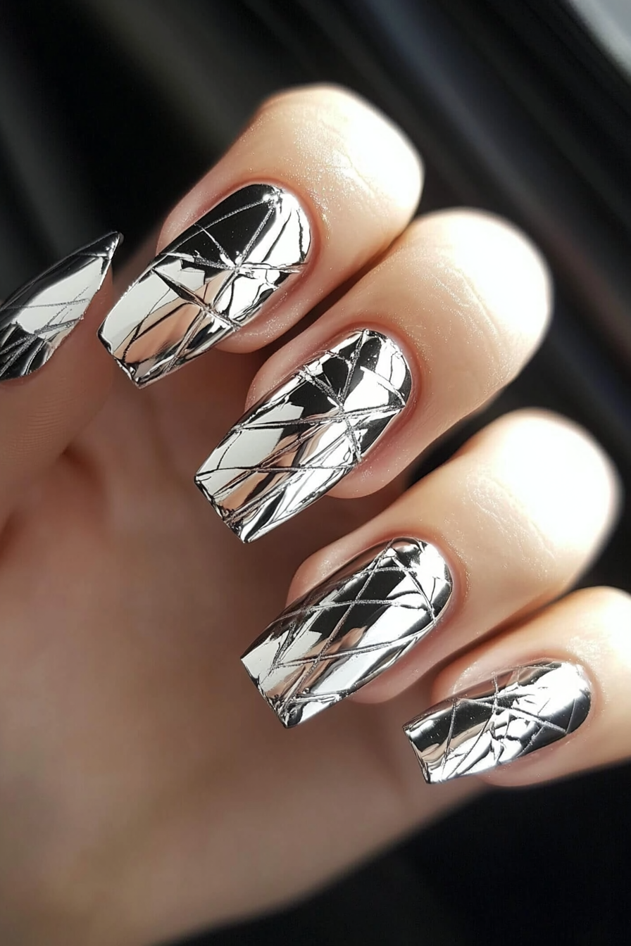 17. Futuristic Geometric Lines (Silver Nail Design Ideas) - Silver Nail Design Ideas