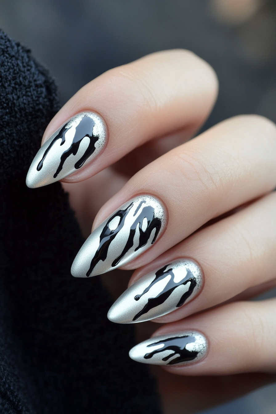 18. Metallic Drip Effect (Silver Nail Design Ideas) - Silver Nail Design Ideas