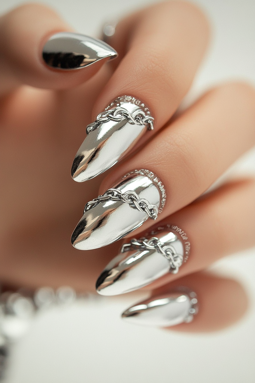22. Futuristic Silver Chains (Silver Nail Design Ideas) - Silver Nail Design Ideas