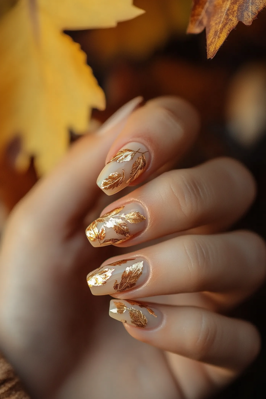 3. Golden Leaves (Simple Fall Nail Design Ideas) - Simple Fall Nail Design Ideas