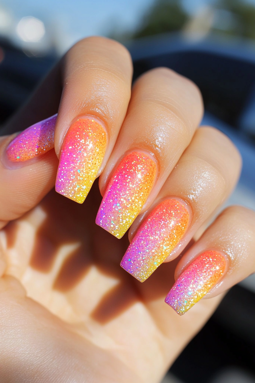 14. Tropical Sunset Sparkles (Sparkly Nail Design Ideas) - Sparkly Nail Design Ideas