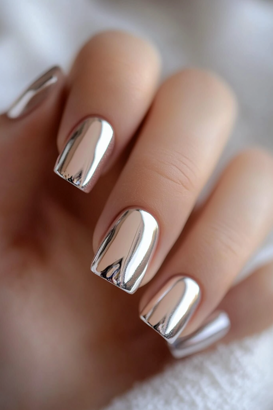 23. Beige with Silver Foil (Trendy Simple Nail Design Ideas) - Trendy Simple Nail Design Ideas
