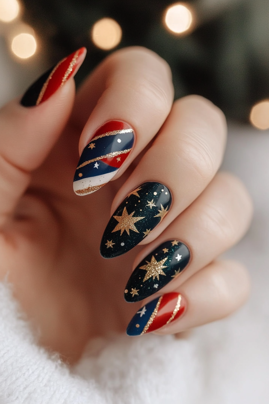 23. Golden Stars & Stripes (4Th Of July Nail Design Ideas) - 4Th Of July Nail Design Ideas