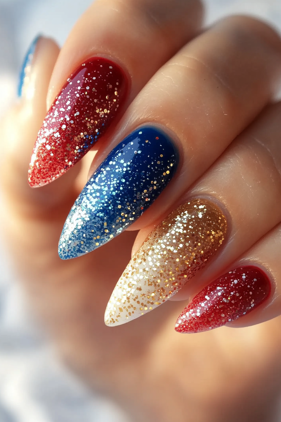 24. Glittery Gradient Tips (4Th Of July Nail Design Ideas) - 4Th Of July Nail Design Ideas