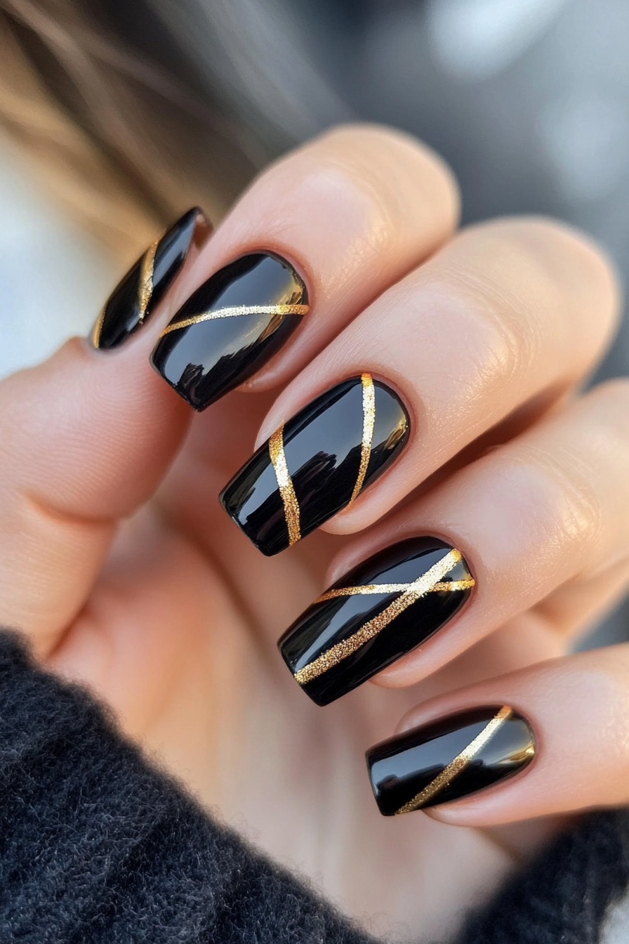 2. Geometric Gold Lines (Black And Gold Nail Design Ideas) - Black And Gold Nail Design Ideas