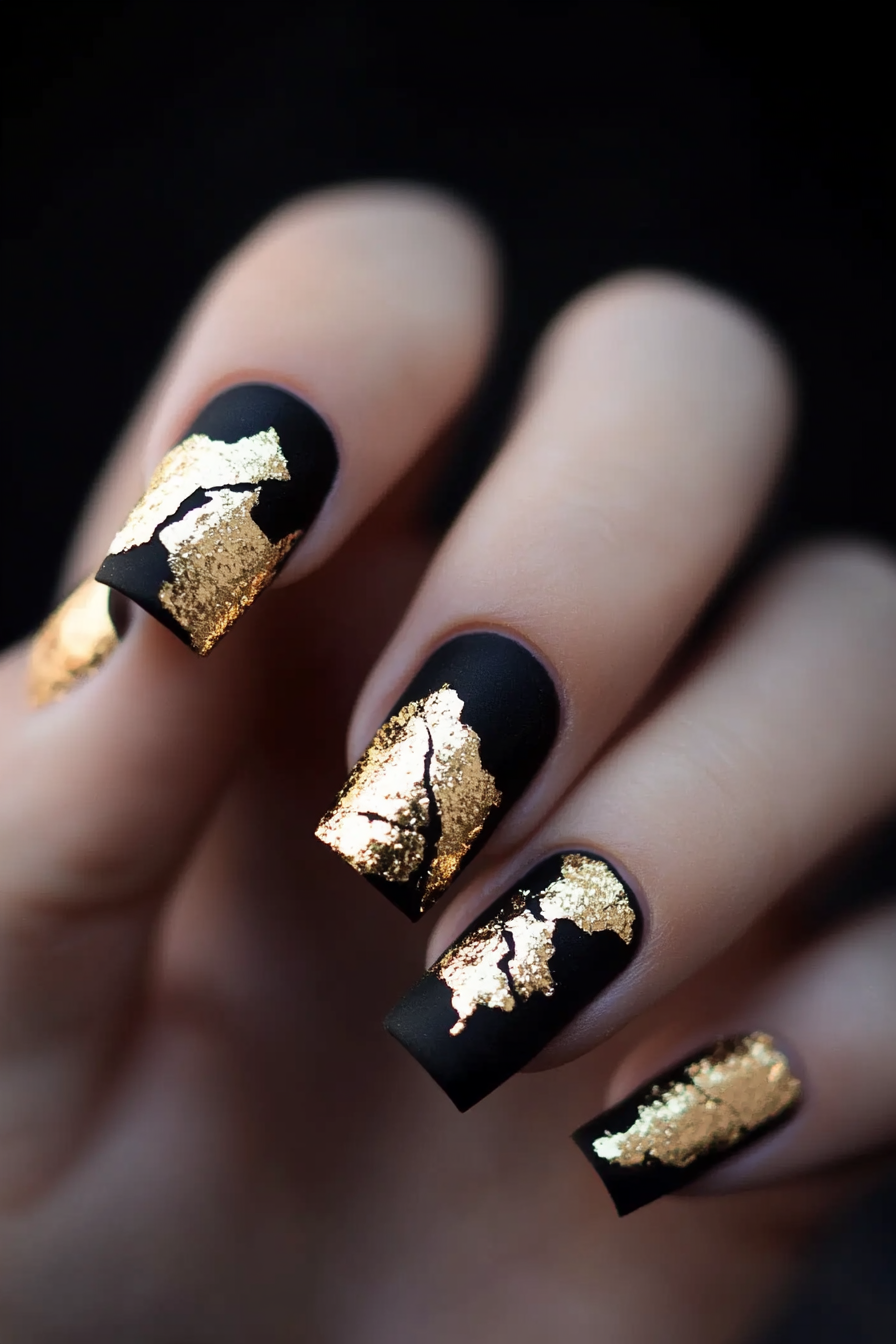 3. Gold Foil Texture (Black And Gold Nail Design Ideas) - Black And Gold Nail Design Ideas