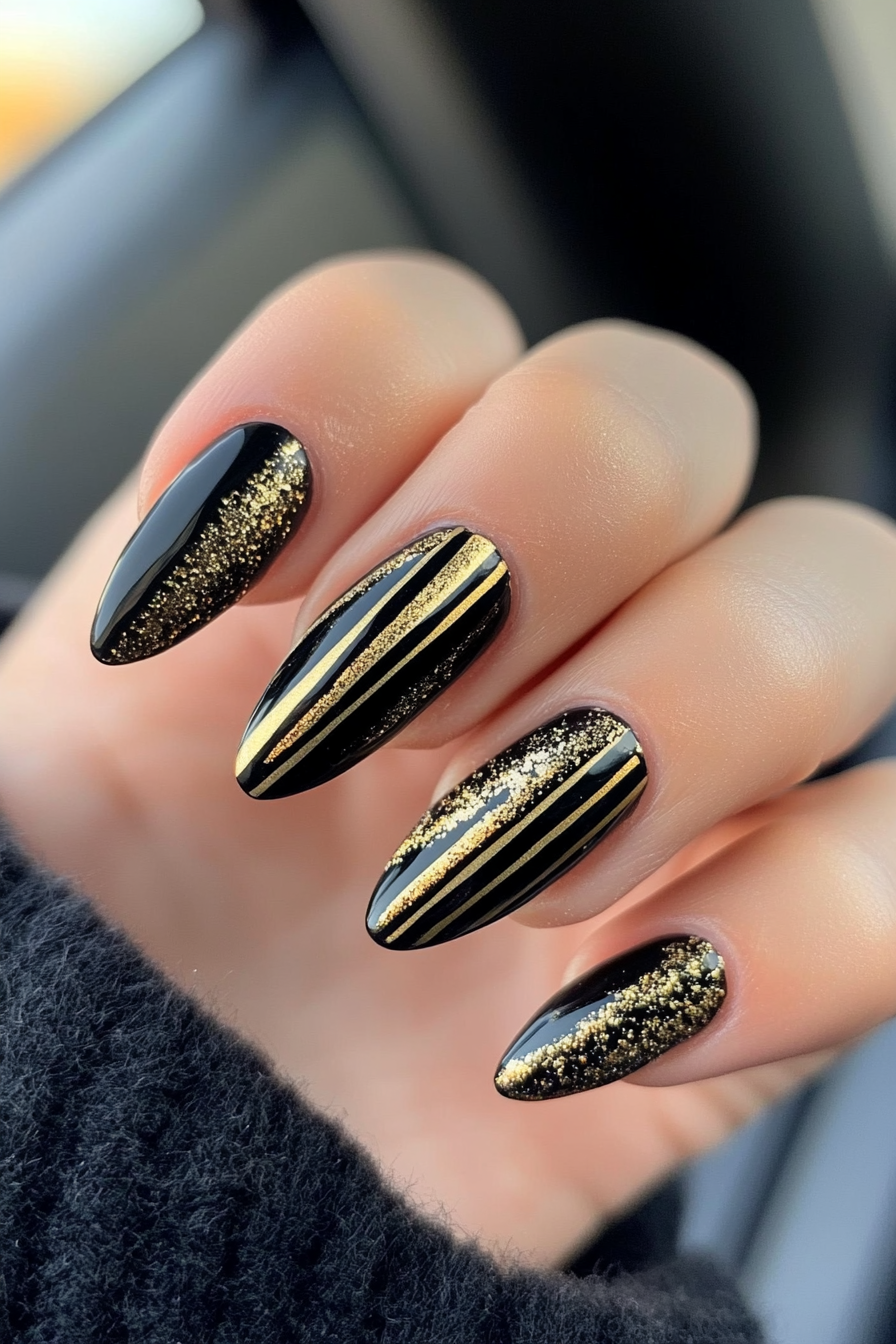 4. Gold Stripes and Dots (Black And Gold Nail Design Ideas) - Black And Gold Nail Design Ideas