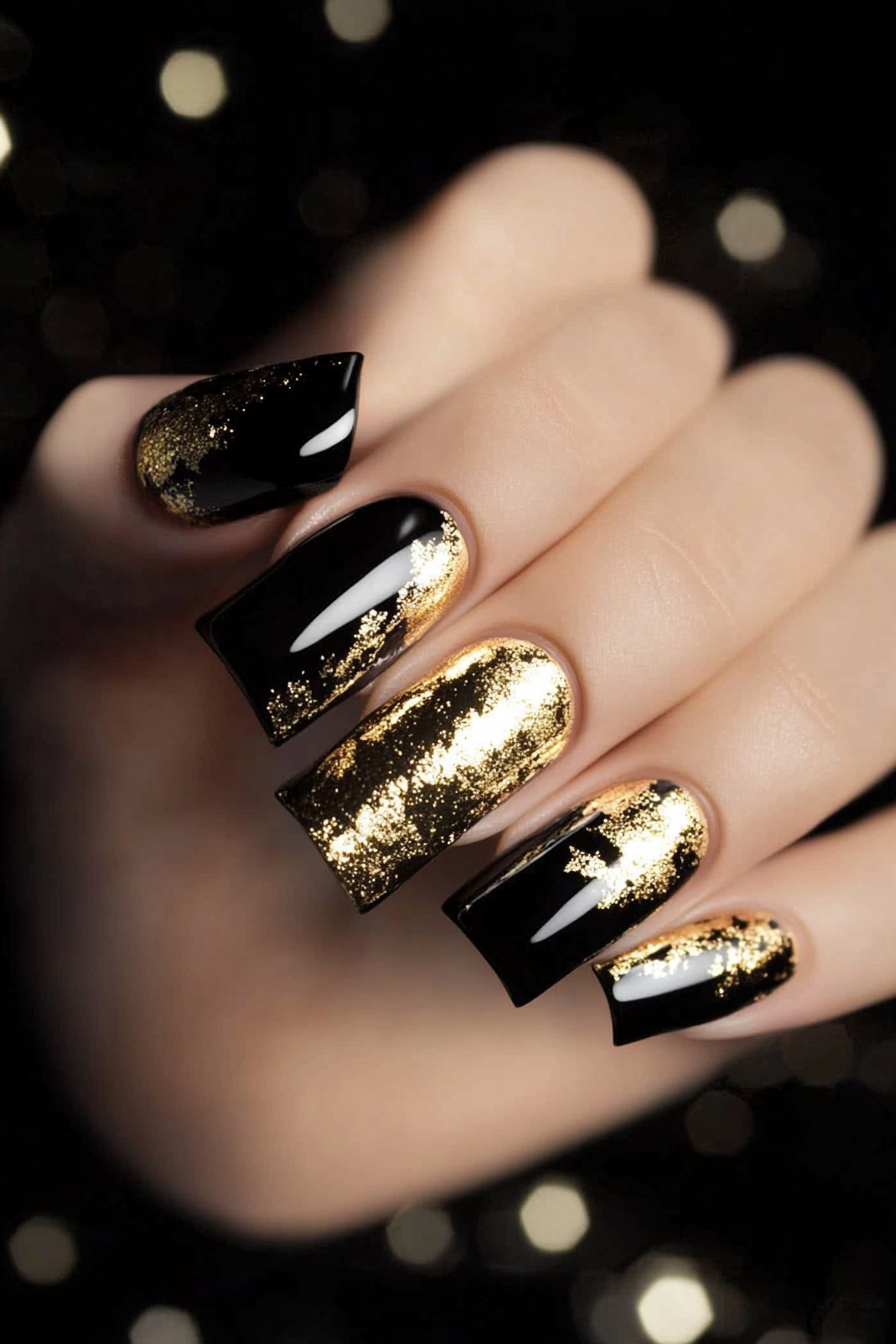 6. Glossy Gold Overlay (Black And Gold Nail Design Ideas) - Black And Gold Nail Design Ideas